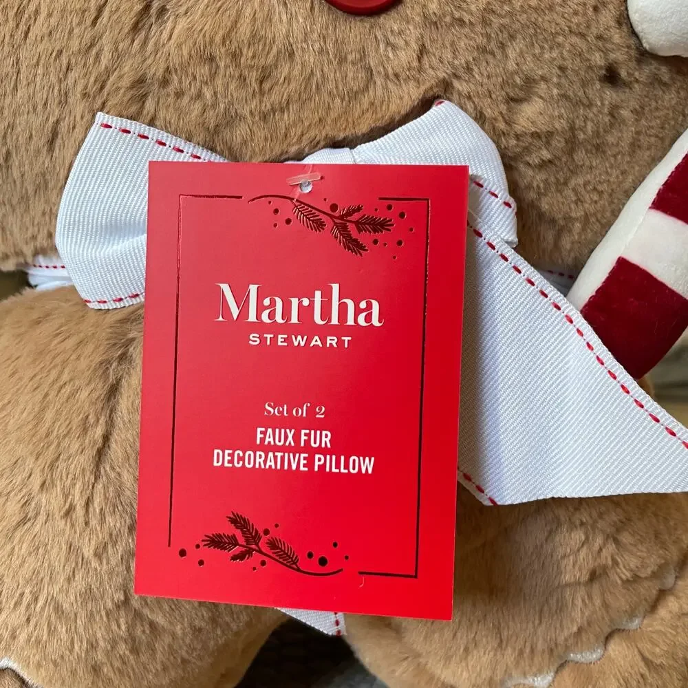 NEW Martha Stewart Faux Fur GINGERBREAD Pillows 18x13 Set of 2 Christmas Decor